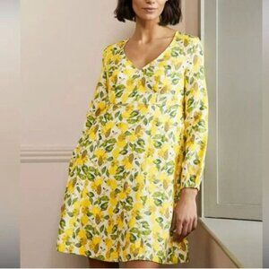 Boden Linen V-neck Flippy Dress in Lemon Print size 6 petite